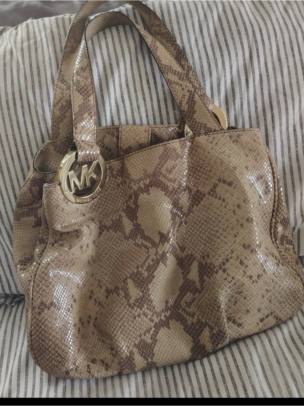 Michael Kors Tan Snake-Print Hobo with Gold MK Medallion